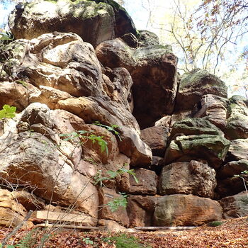 Die Hollenkammer ist eine kleine Höhle und ein Naturdenkmal und aus weiß-rotem zerklüfteten Sandsteinmassiv.