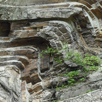 Der Steinbruch der Bergfreiheiter Welle zeigt die 300 Millionen Jahre alten Gesteinsschichten, die durch tektonische Kräfte aufgefaltet wurden.