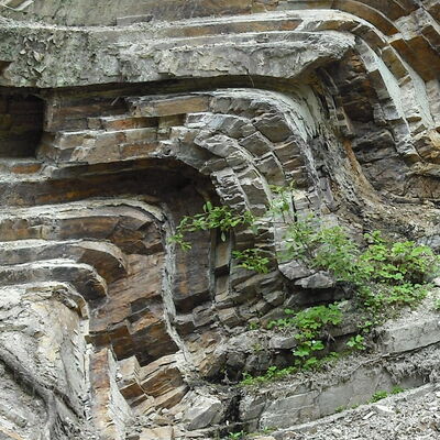 Der Steinbruch der Bergfreiheiter Welle zeigt die 300 Millionen Jahre alten Gesteinsschichten, die durch tektonische Kräfte aufgefaltet wurden.