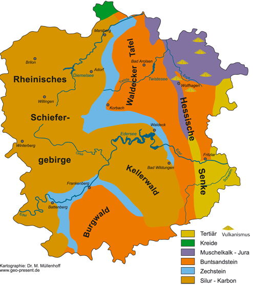 Vereinfachte geologische Karte, die die Trennung des geologisch älteren Westteils und des jüngeren Ostteils durch Kalkstein zeigt.